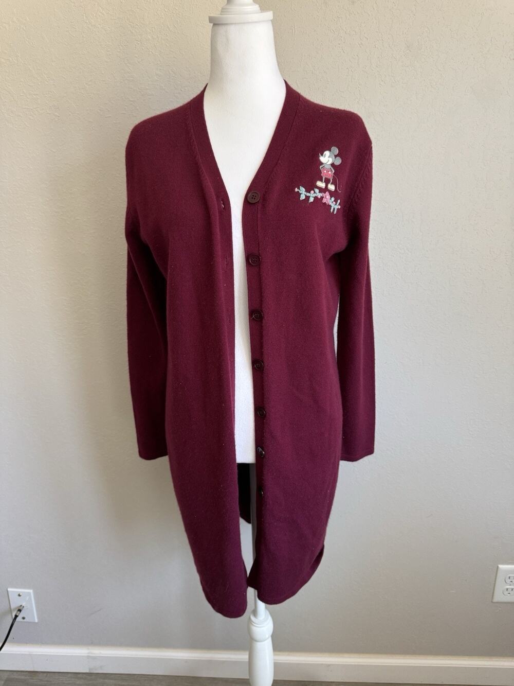 Vintage Disney Store Red Long Line Cardigan Embroidered Mickey Floral Women M